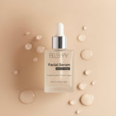 Bills & Hay facial serum bottle on a beige background with droplets.