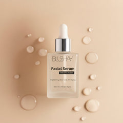 Bills & Hay facial serum bottle on a beige background with droplets.