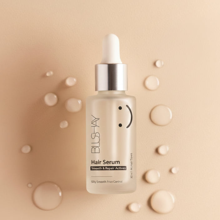 BLS-HV hair serum bottle on a beige background with droplets