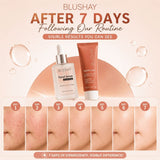 Blushay skincare products with before-and-after skin comparison on a beige background