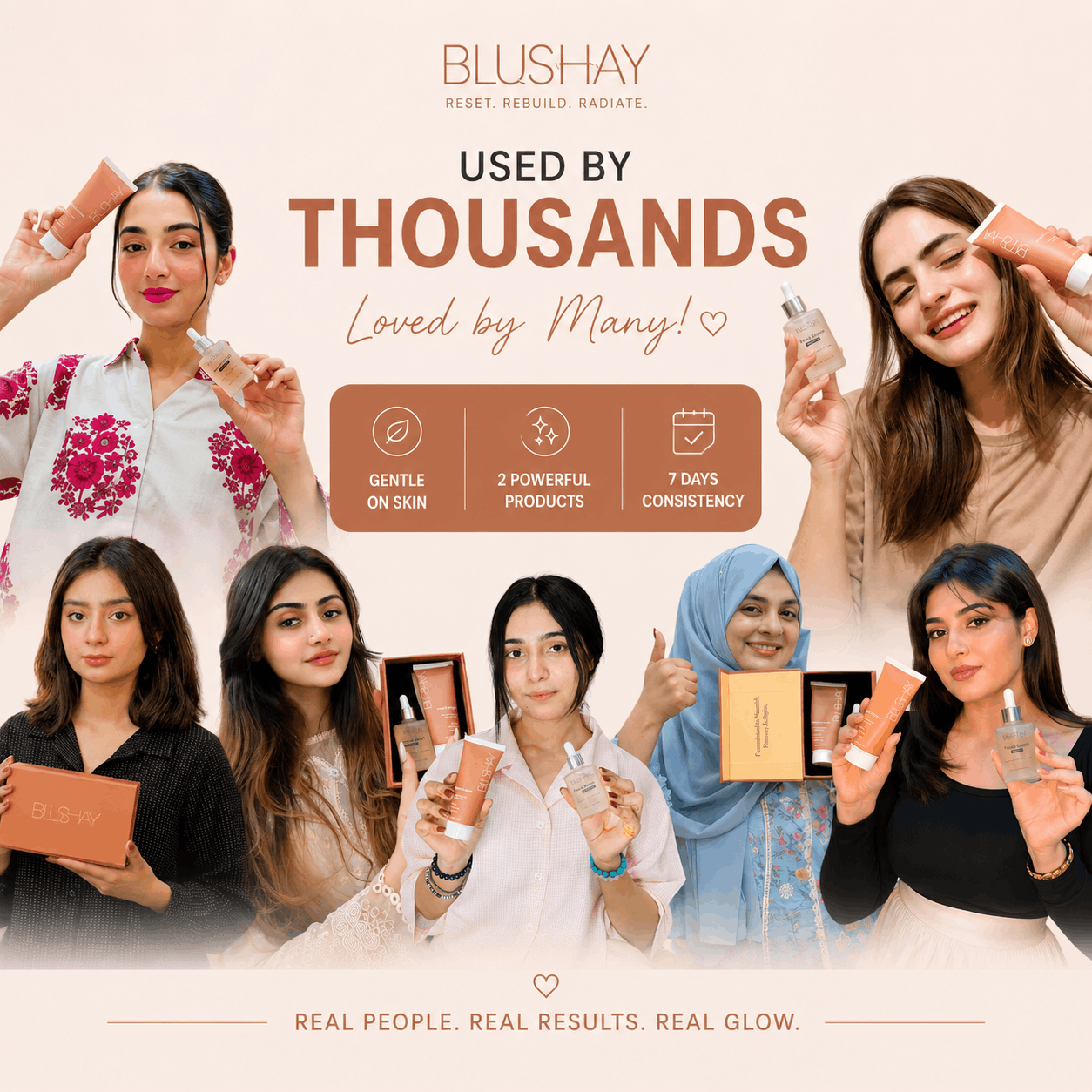 Promotional image of Blushay skincare products with multiple users holding the product.