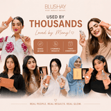 Promotional image of Blushay skincare products with multiple users holding the product.
